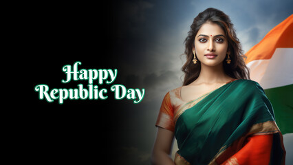 Wall Mural - Happy Republic Day Banner with Indian Woman in Saree and National Flag Photo. Fictional Character Created By Generative AI.