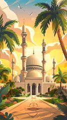 Wall Mural - luxurious and magnificent mosque building, with a large and beautiful garden, with a beautiful view of the sunset in the afternoon