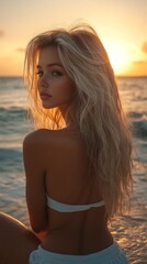 Wall Mural - A woman with long, wavy hair turns to look at the breathtaking sunset illuminating the ocean waves, creating a serene and warm atmosphere