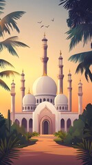 Wall Mural - luxurious and magnificent mosque building, with a large and beautiful garden, with a beautiful view of the sunset in the afternoon