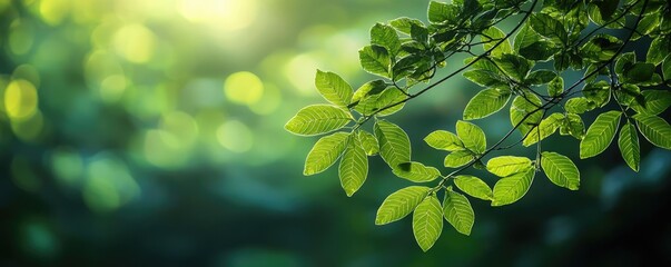 Wall Mural - Blurred bokeh idea. A close-up view of vibrant green leaves illuminated by soft sunlight in a serene setting.