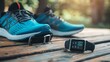 © Copi - Blue running shoes and a smart watch are lying on a wooden bench, ready for a workout.