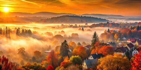 Wall Mural - Autumnal Village Sunrise Misty Hills and Golden Hour Glow Over Colorful Foliage