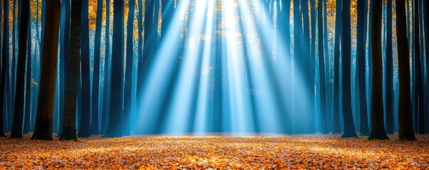 Wall Mural - Autumn forest concept. Sunlight streams through forest trees, illuminating the serene woodland environment.