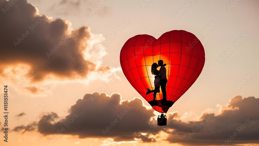Silhouetted couple kissing inside a heart-shaped hot air balloon during ...