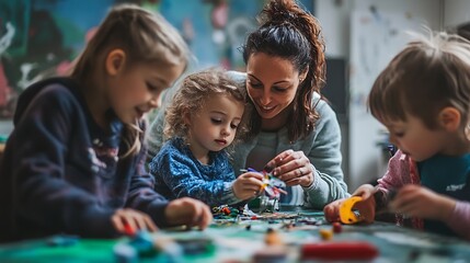 Children and a woman creating art with colorful objects on a table