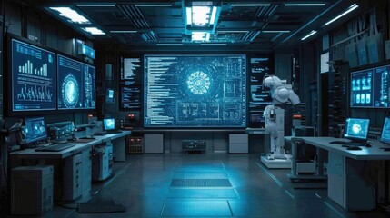 Futuristic Command Center with AI Robot and Data Displays