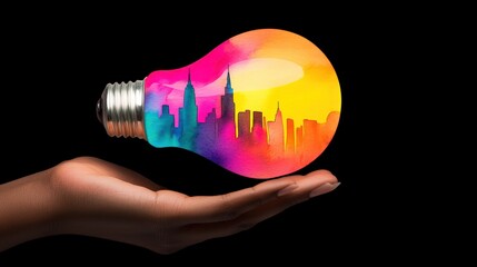 Wall Mural - Colorful city skyline inside a lightbulb held in a hand.