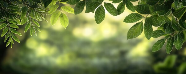 Wall Mural - Blurred bokeh idea. A serene backdrop of green leaves framing a tranquil nature scene.