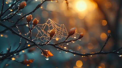 Wall Mural - Soft sunlight filters through trees as dew droplets sparkle on a spiderweb, highlighting budding branches and creating a serene atmosphere