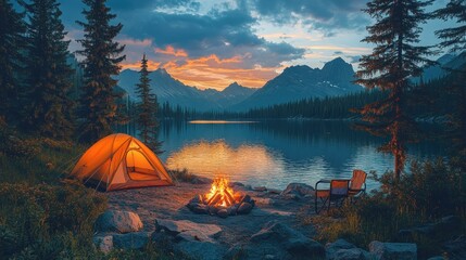 Wall Mural - Serene sunset campsite by a lake with mountains.