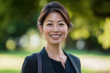 Canvas Print - A woman is smiling and wearing a black jacket