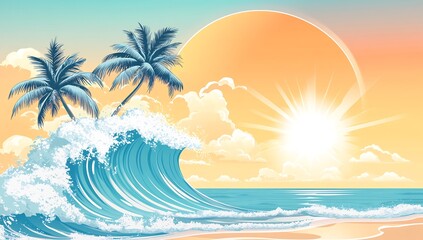 Tropical Sunset Paradise: Palm Trees on a Wave