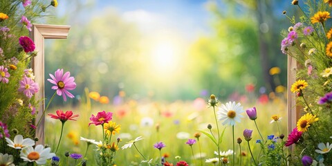 Sticker - A vibrant summer meadow scene framed by wooden borders, showcasing a profusion of wildflowers bathed in sunlight.