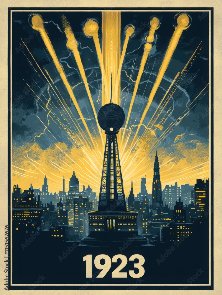 A striking illustration of a city skyline illuminated by radiating beams emerging from a tall tower.