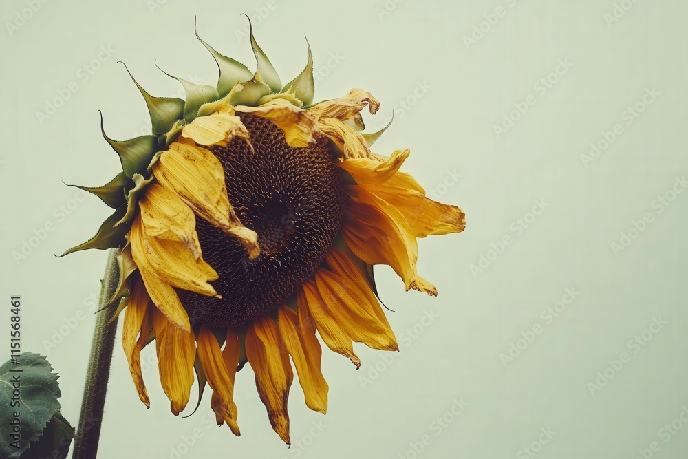 A vibrant sunflower, with its petals slightly wilted, tilts gracefully towards the sky. The soft light highlights its texture, capturing the essence of a calm afternoon in nature.