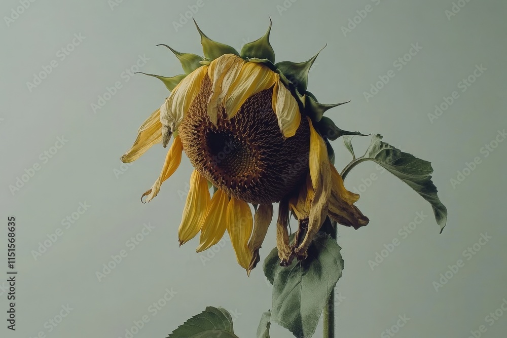A solitary sunflower shows signs of wilting, its vibrant yellow petals drooping gently. The soft light enhances the tranquility of the indoor environment during late afternoon hours.