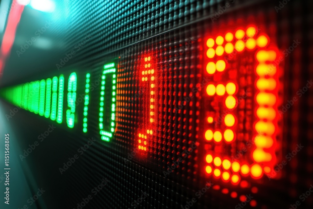 Brightly lit electronic display shows fluctuating stock market numbers in bold colors.