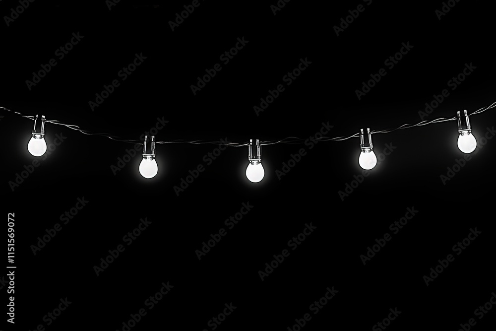 A series of glowing light bulbs hang from a thin wire against a dark backdrop. The gentle illumination adds a cozy and inviting atmosphere to the space, perfect for gatherings or decorations.