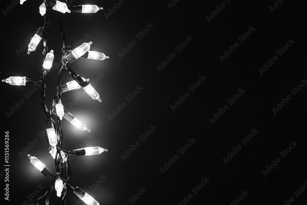 Twinkling white lights are strung along a dark surface, creating an enchanting ambiance perfect for celebrations and gatherings. The soft glow offers a warm, inviting allure.