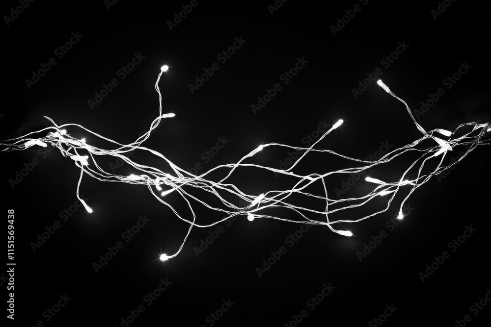 Delicate string lights glow softly against a black background, illuminating the darkness. Their winding form adds a whimsical touch, perfect for festive occasions or cozy gatherings.