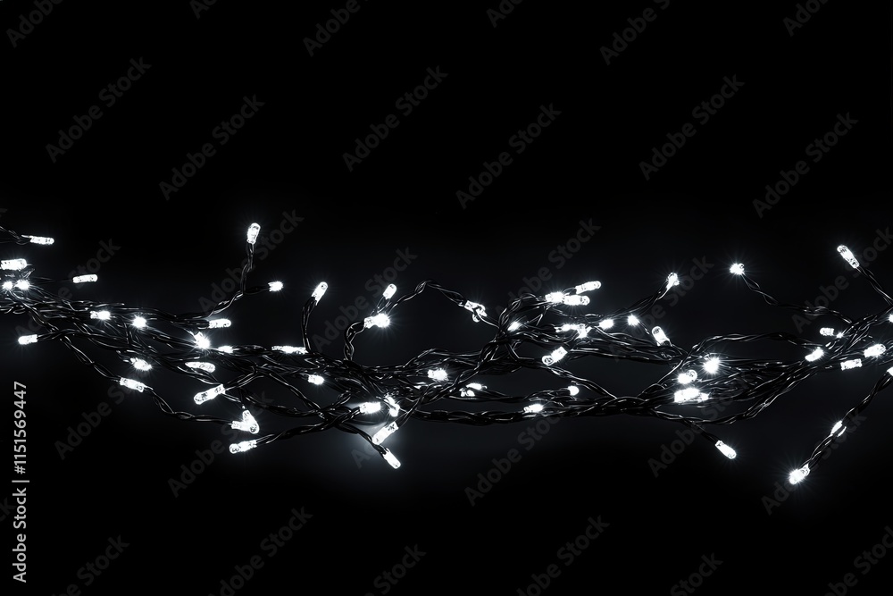 Delicate white lights are woven together in a tangle against a dark background, creating a cozy atmosphere perfect for celebrations. The lights twinkle softly, enhancing the ambiance.