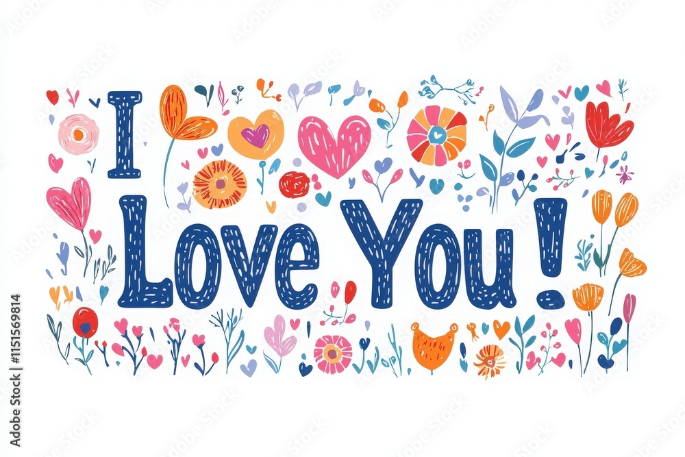 Brightly colored design features the phrase I Love You surrounded by flowers, hearts, and various playful elements. The joyful artwork expresses affection and happiness.