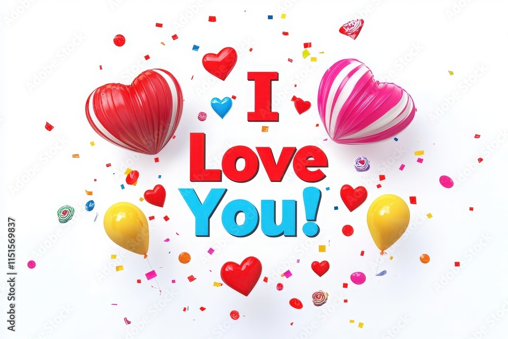 Bright balloons and hearts surround the message of love, creating a festive atmosphere. Colorful confetti enhances the joyful tone, perfect for moments of celebration.