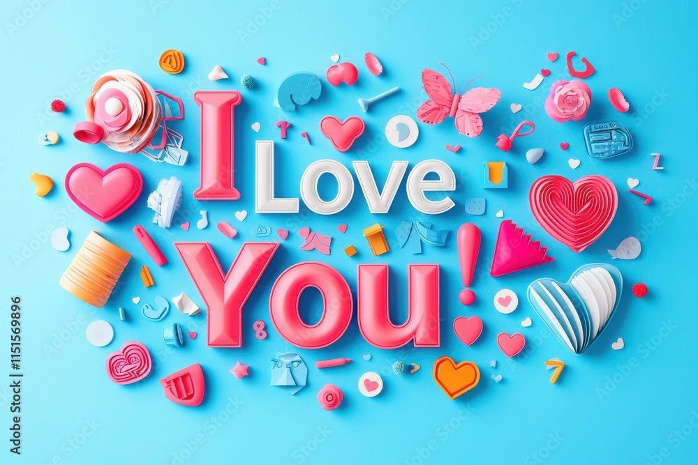 Various colorful items and decorations are arranged creatively around the words I Love You on a bright blue background, showcasing a celebration of affection and positivity.