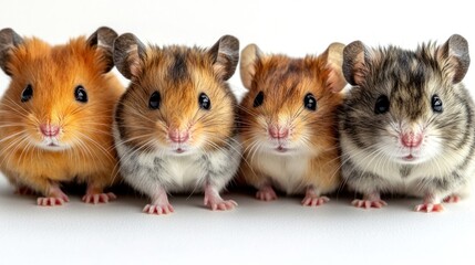 Four adorable hamsters of different colors sitting in a row against a white background.