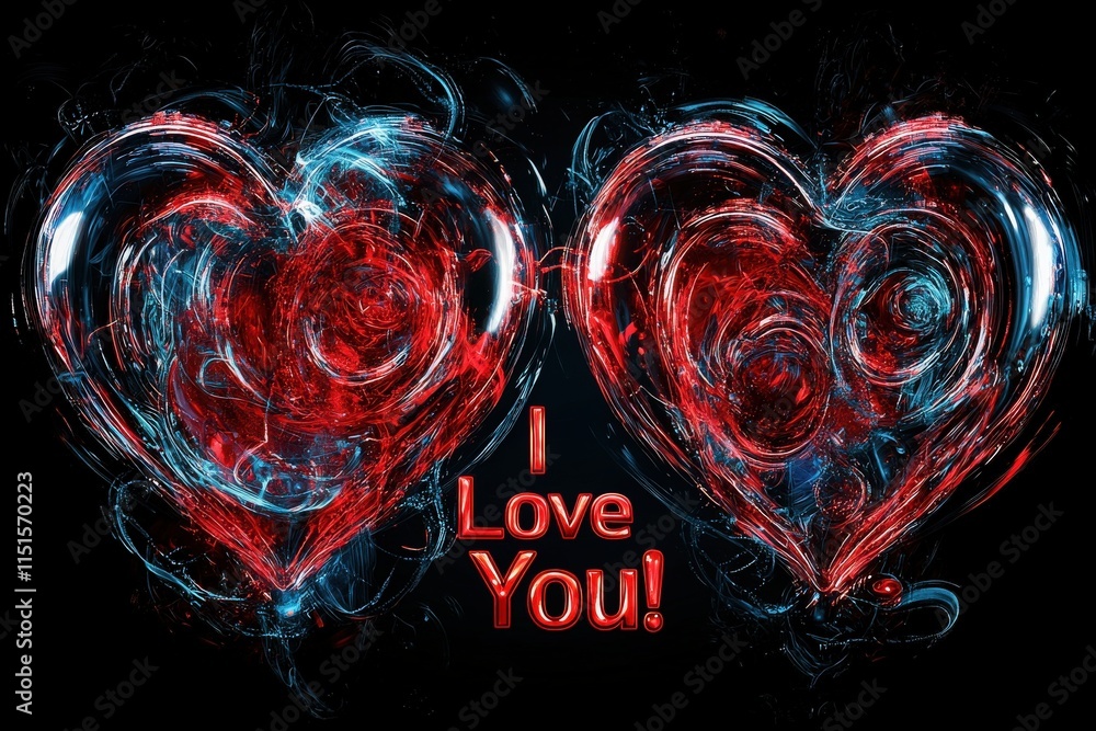 Two vibrant heart shapes in red and blue swirl around a bold message of love. The artistic arrangement creates a captivating atmosphere celebrating deep emotions.