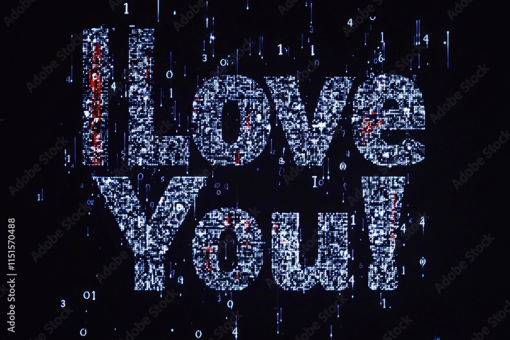 A vibrant digital display showcases the phrase I Love You composed of binary code, creating a modern artistic representation of affection. The colorful lights enhance the emotional message.