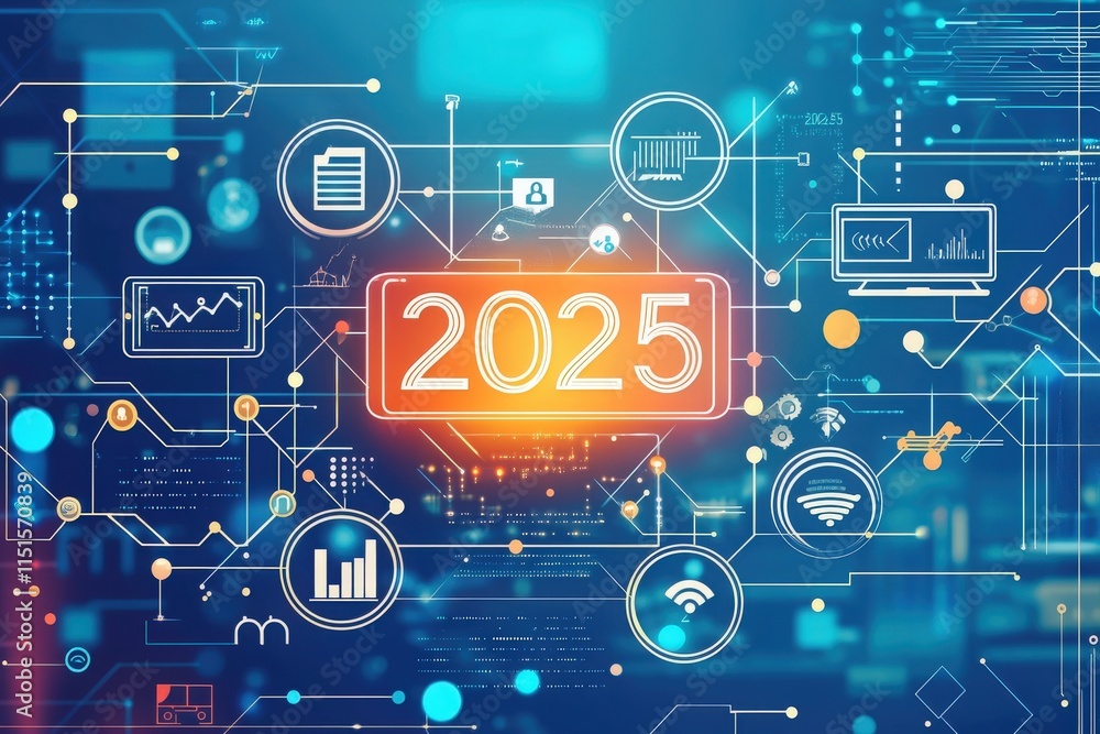 Virtual elements display futuristic technology concepts like data analysis and connectivity, highlighted by the year 2025 at the center, symbolizing progress and innovation.