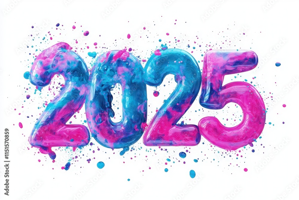 The numbers representing 2025 are vibrantly colored in blue and pink, surrounded by artistic splashes of paint, signaling a festive and creative atmosphere for the upcoming year.