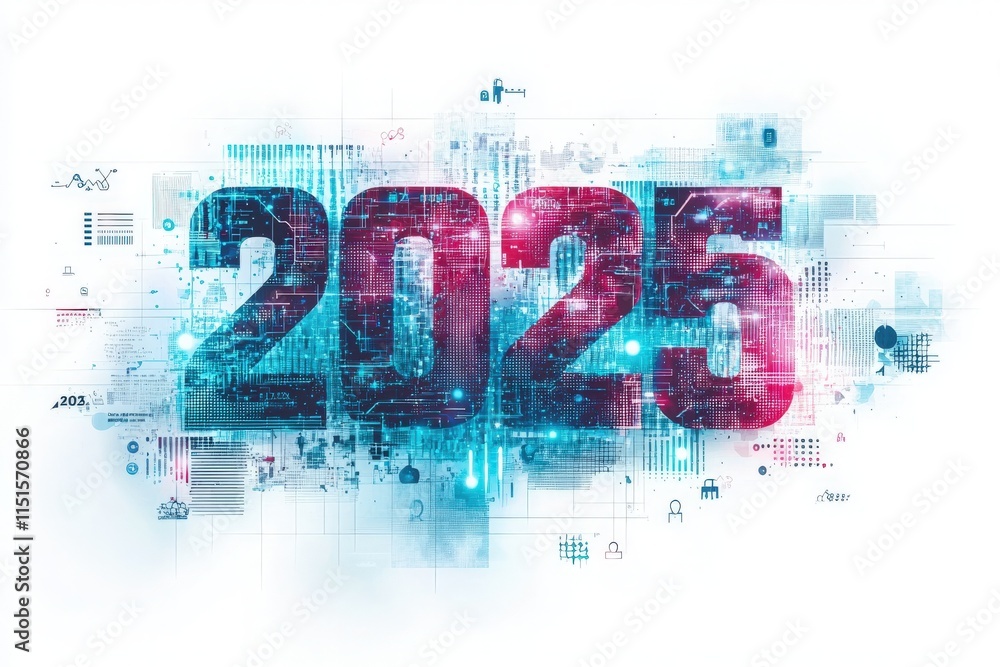 The artwork showcases the year 2025 with bold typography surrounded by a digital landscape of data patterns and vibrant colors. It symbolizes innovation and progress in technology.