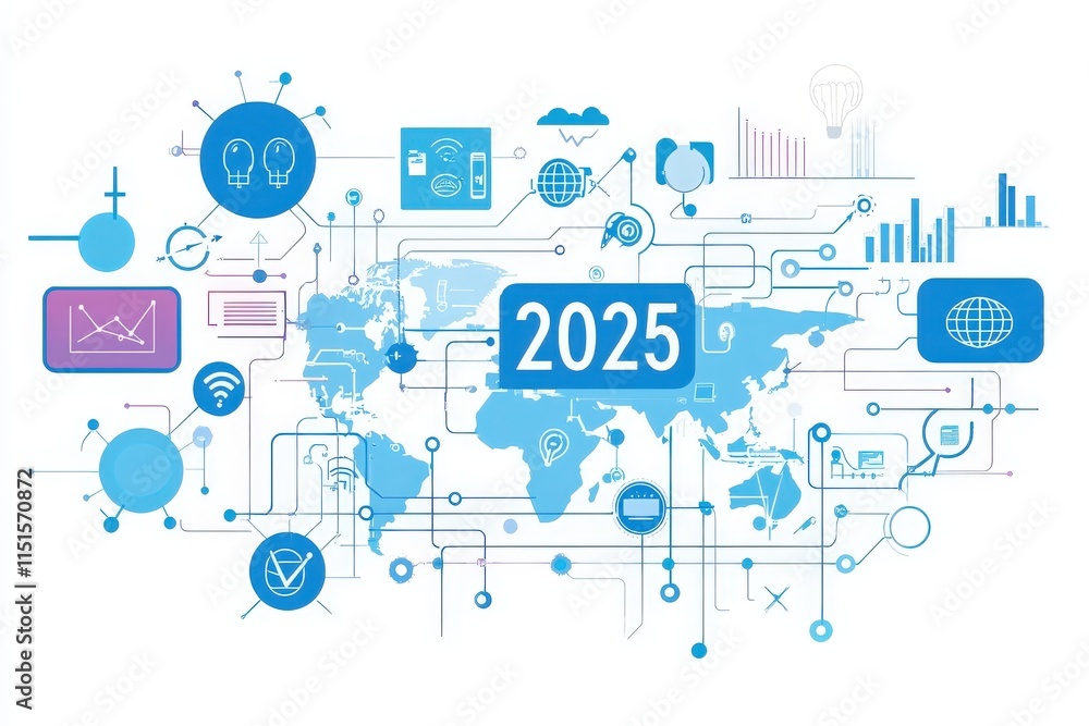 A detailed illustration depicts a world map surrounded by various digital icons and graphs, representing technological advancements and innovations projected for the year 2025.