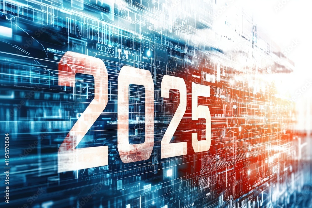 Vibrant digital graphics showcase the year 2025 with a backdrop of futuristic technology elements. Bright lights and abstract lines create an engaging atmosphere representing innovation.