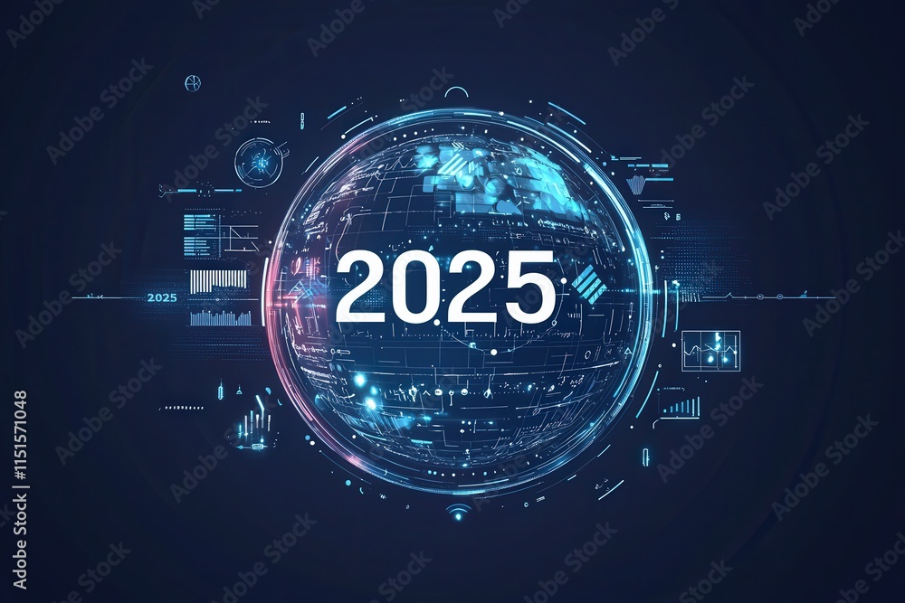 A digital globe for 2025 showcases a high-tech design featuring data graphics and futuristic elements. Various statistics and indicators surround the globe, emphasizing innovation.