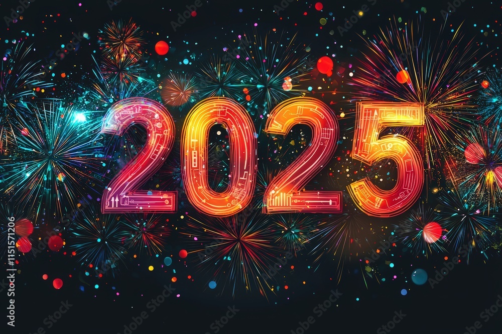 Colorful fireworks explode in the night sky, illuminating the bold digits 2025. The festive atmosphere captures the joy and excitement of welcoming the new year.