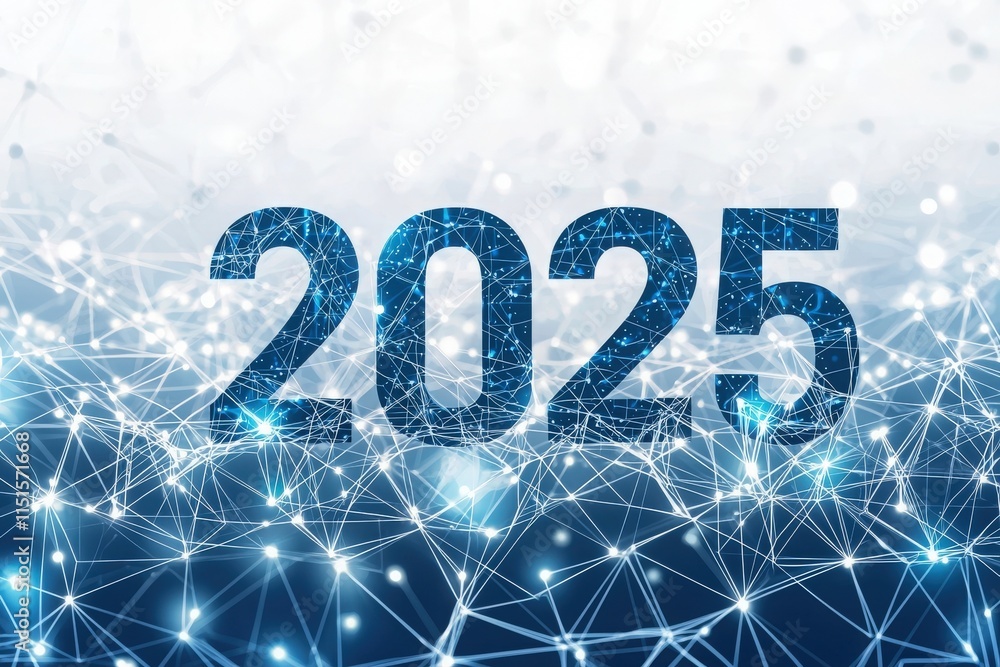 A vibrant digital landscape features the year 2025 prominently, surrounded by a web of interconnected network lines and sparkling lights that create a futuristic atmosphere.