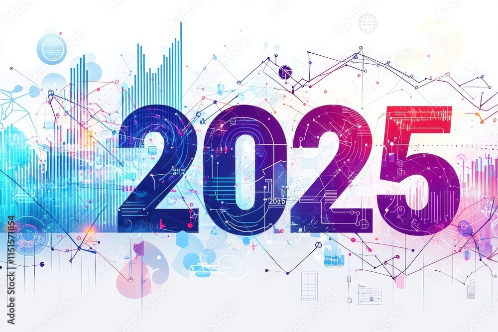 Vibrant and colorful digital representation of the year 2025 features abstract geometric shapes and patterns. The design integrates futuristic elements, reflecting technology and innovation themes.