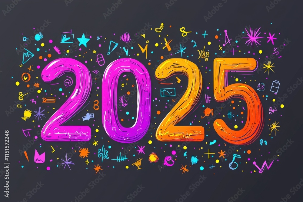 Brightly colored numbers represent the year 2025, surrounded by various festive drawings and symbols that celebrate new beginnings and creativity.