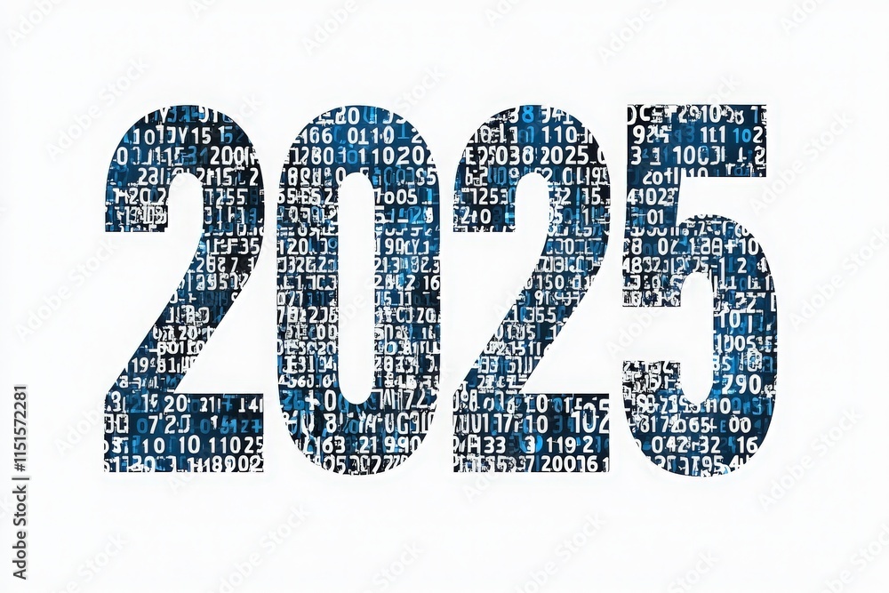 Numerals forming the year 2025 are filled with a variety of patterns and digits, showcasing a modern digital aesthetic. The artwork emphasizes the theme of advancement and innovation.