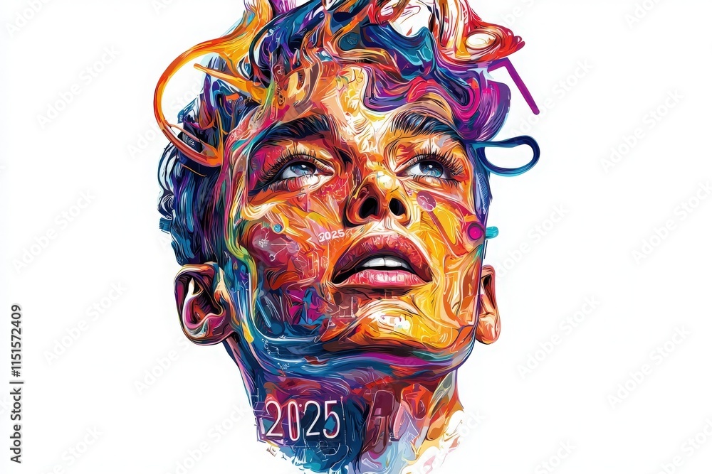 A vibrant and abstract artwork features a young persons face with flowing colors and patterns, symbolizing creativity and the optimistic spirit of the future in 2025.