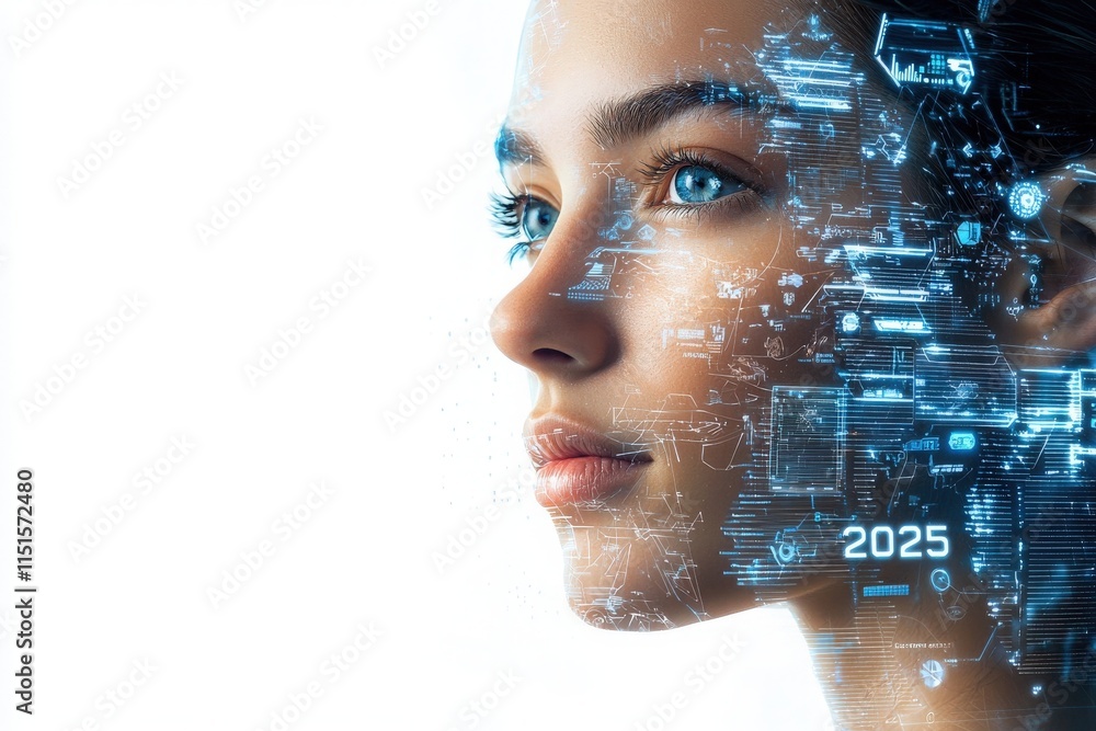 A young woman gazes thoughtfully to the side as a digital interface overlays her face, featuring complex data symbols and the year 2025, highlighting the fusion of humanity and technology.