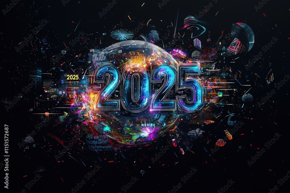 Bright and dynamic visuals illustrate the year 2025, showcasing innovative technology, digital elements, and abstract designs. The artwork emanates energy and a sense of advancement.