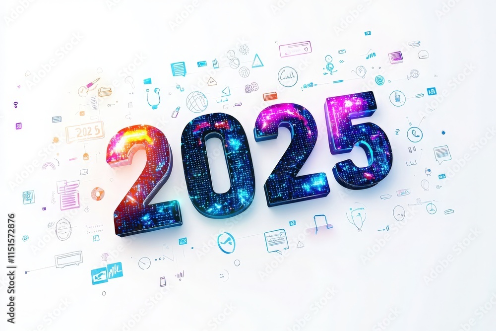 The design features the number 2025 in a colorful, starry style against a light background, surrounded by various icons symbolizing technology and growth, suggesting optimism for the future.