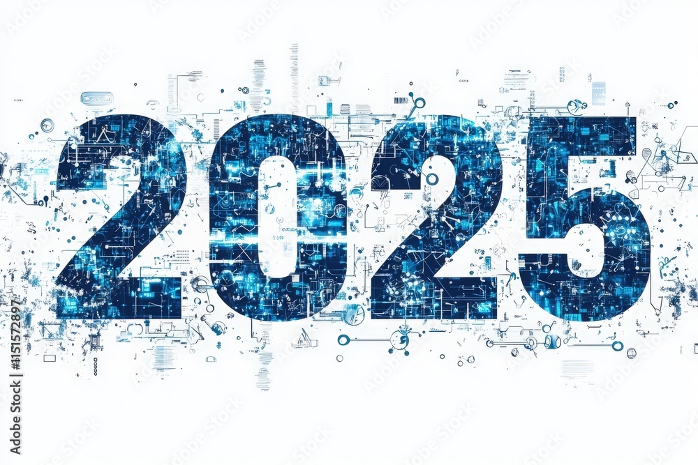 The design features the number 2025 created with blue digital patterns and symbols, reflecting technology and innovation in a modern context.