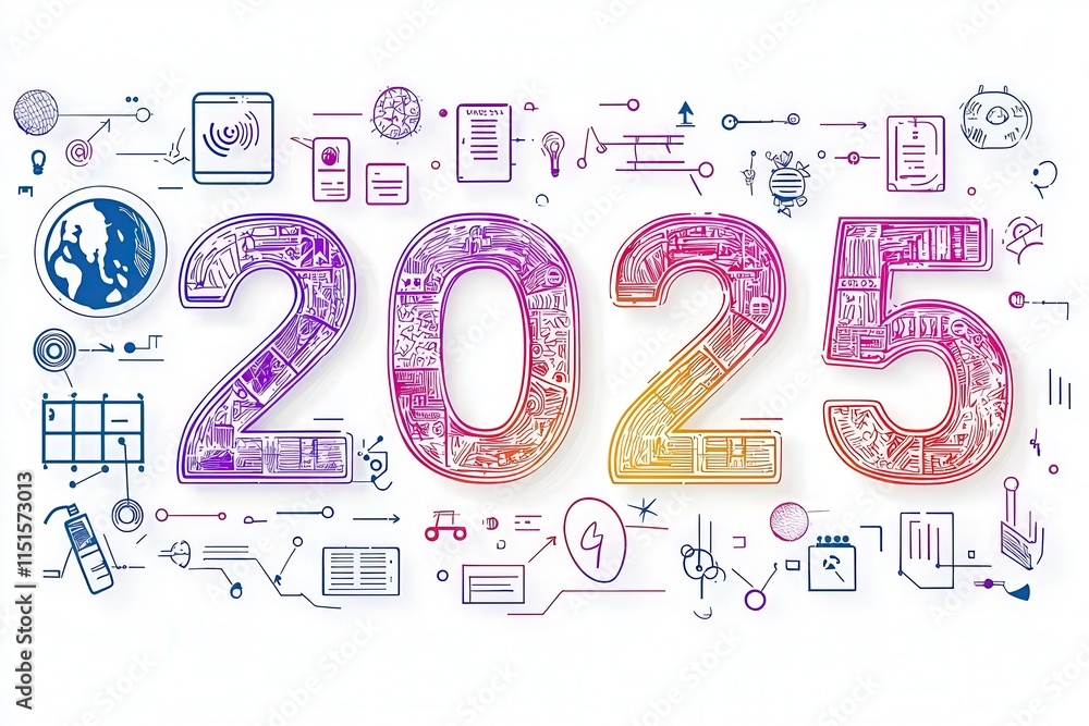 Vibrant design showcasing the number 2025, surrounded by various technological symbols and icons. The colors blend seamlessly, representing innovation and future advancements.