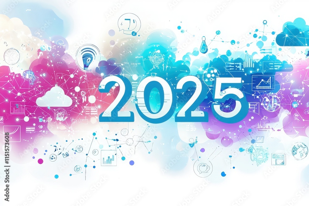 Bright colors and digital elements prominently feature the year 2025, highlighting technological advancements and trends.